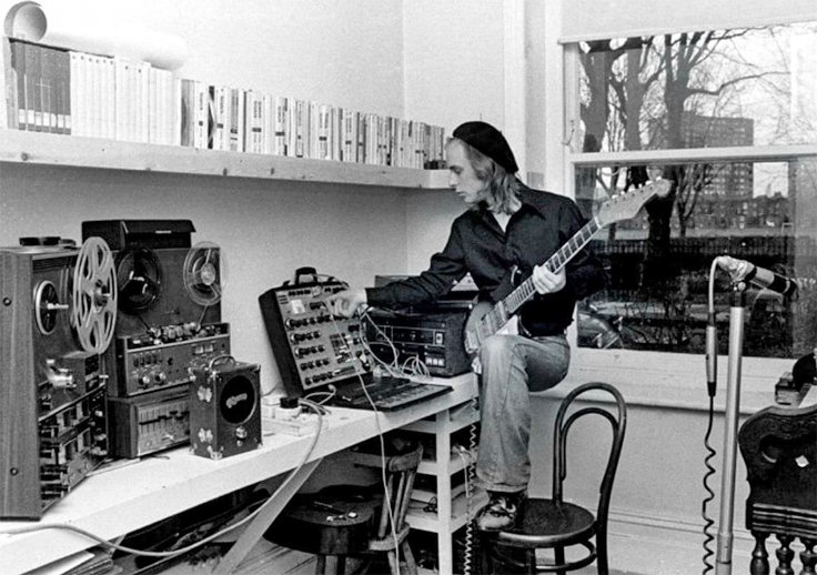 Brian Eno with Teac and Revox reel tape recorders