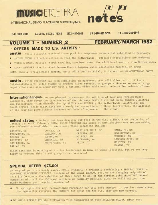 Music Etcetera Notes newsletter