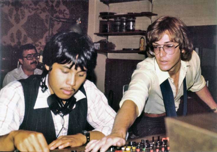 Me behind the Quad Eight console, recording my final project. In the picture on the right, a fellow student mans the monitor section of the console