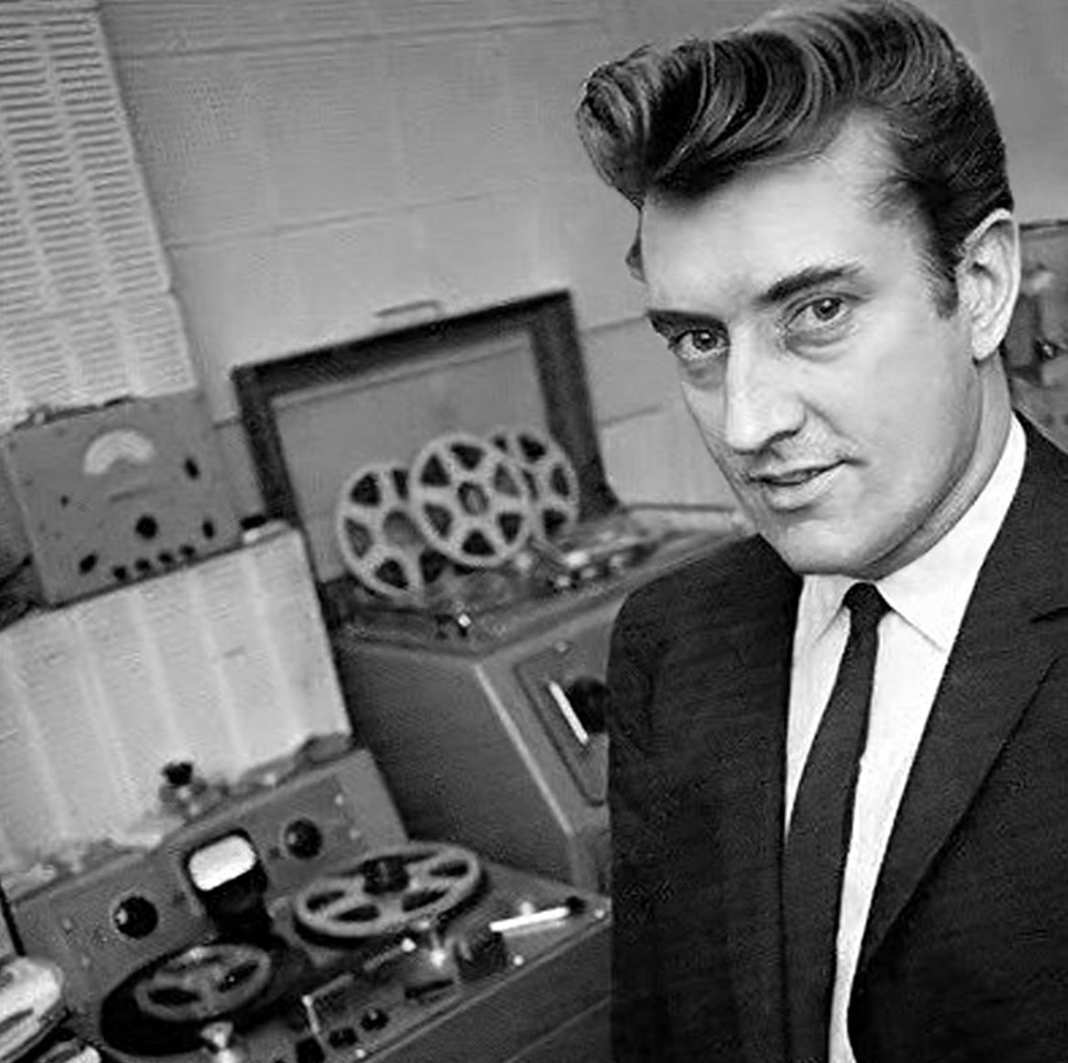 Robert George "Joe" Meek (Telstar) in home studio with Ampex reel to reel tape recorders