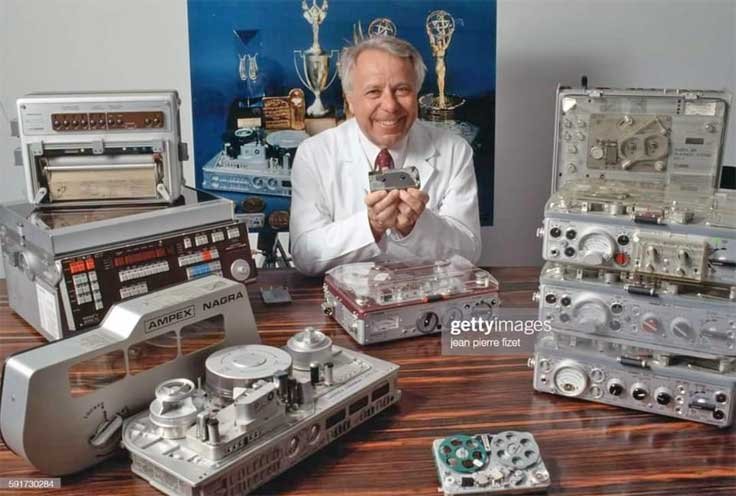 Stefan Kudelski with his Nagra reel tape recorders